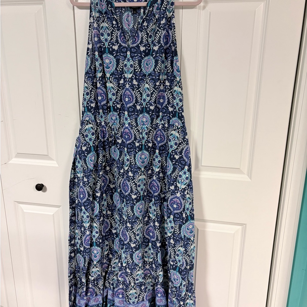 Talbots Navy and Teal Paisley V-Neck Dress